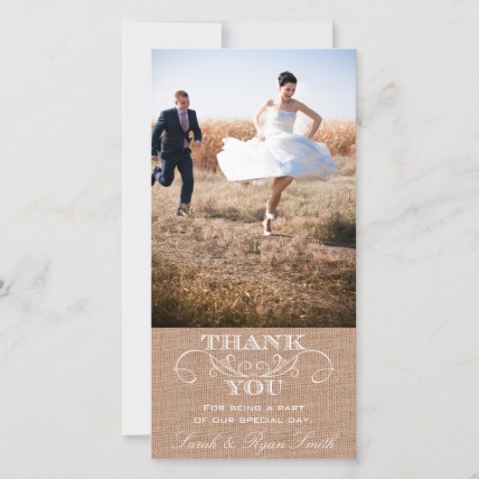 Rustic Burlap Print Wedding Vielen Dank Foto Cards Dankeskarte (Vorderseite)