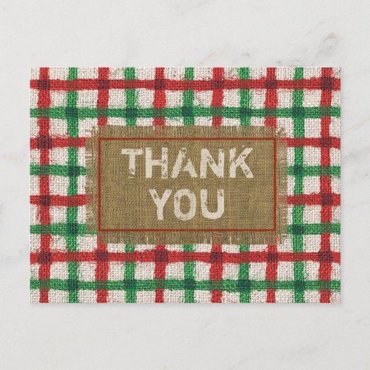 Rustic Burlap Red Green Kariert Holiday Danke Postkarte (Vorderseite)