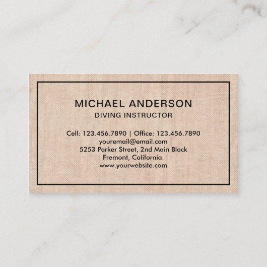 Rustic Burlap Scuba Diving Instructor Visitenkarte (Rückseite)