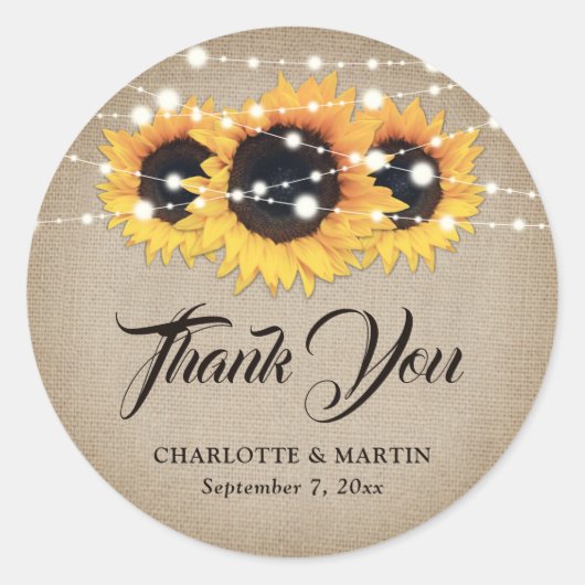 Rustic Burlap Sonnenblume Danke Gastgeschenk Hochz Runder Aufkleber (Vorderseite)