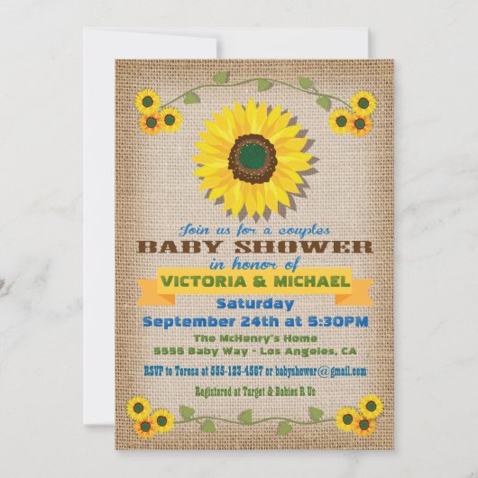 Rustic Burlap Sonnenblume Paare Babydusche Einladung (Vorderseite)