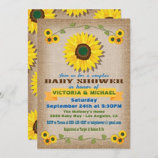 Rustic Burlap Sonnenblume Paare Babydusche Einladung (Vorne/Hinten)