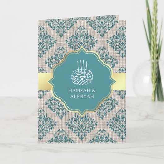 Rustic Burlap Teal Damask Muslim Wedding Einladung (Vorderseite)