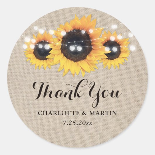 Rustic Burlap und Sonnenblumen Danke Stickers (Vorderseite)