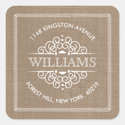 Rustic Burlap Verzierte Wirbel Custom Rücksendeadr Quadratischer Aufkleber (Vorderseite)