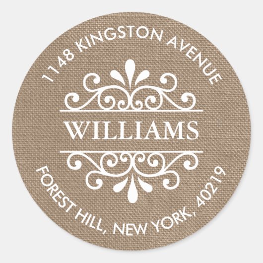 Rustic Burlap Verzierte Wirbel Custom Rücksendeadr Runder Aufkleber (Vorderseite)