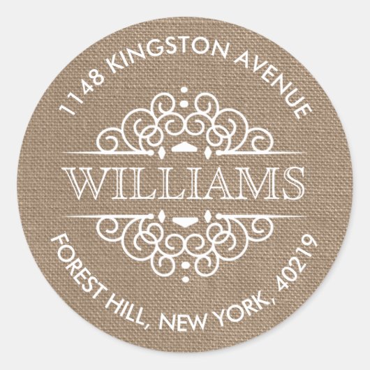 Rustic Burlap Verzierte Wirbel Custom Rücksendeadr Runder Aufkleber (Vorderseite)