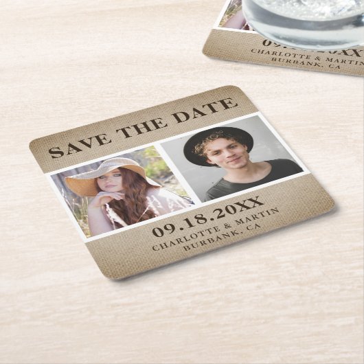 Rustic Burlap Wedding 2 Foto Save the Date Rechteckiger Pappuntersetzer (angewinkelt)