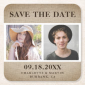 Rustic Burlap Wedding 2 Foto Save the Date Rechteckiger Pappuntersetzer (Vorderseite)