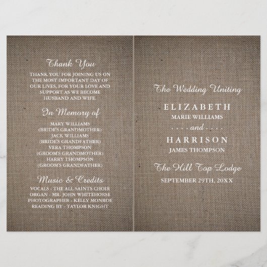 Rustic Burlap Wedding Bi-fold Programmvorlage (Vorderseite)