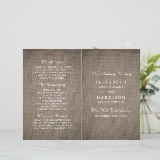 Rustic Burlap Wedding Bi-fold Programmvorlage (Stehend Vorderseite)