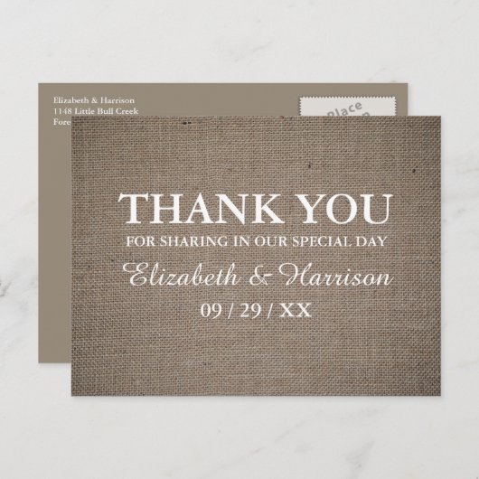 Rustic Burlap Wedding Danke Postkarte (Vorne/Hinten)