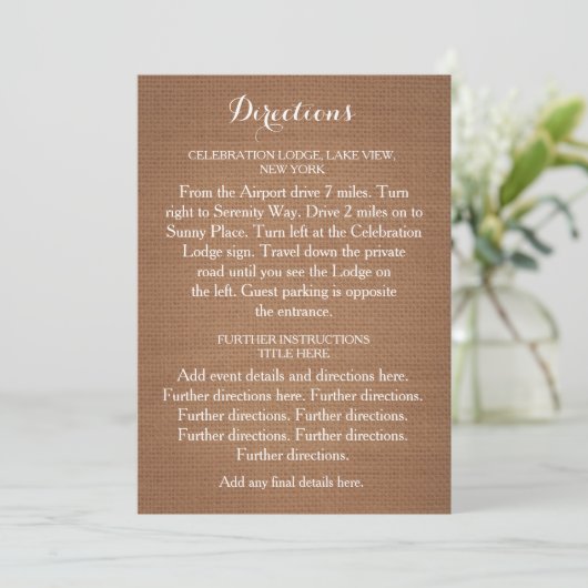 Rustic Burlap Wedding Directions Card Einladung (Stehend Vorderseite)