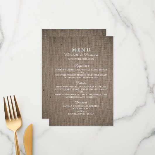 Rustic Burlap Wedding Menu Menükarte (Vorderseite/Rückseite Beispiel)