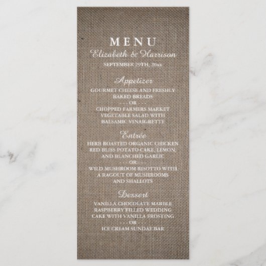 Rustic Burlap Wedding Menu Menükarte (Vorderseite)