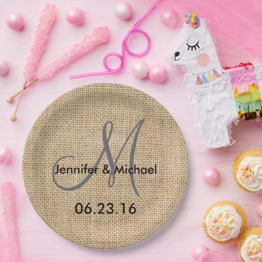 Rustic Burlap Wedding Monogram Name Date Pappteller (Party)
