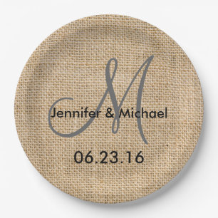Rustic Burlap Wedding Monogram Name Date Pappteller