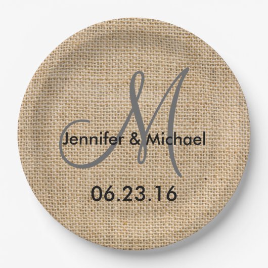 Rustic Burlap Wedding Monogram Name Date Pappteller (Vorderseite)