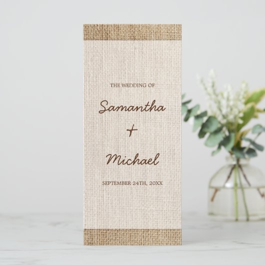Rustic Burlap Wedding Programm (Stehend Vorderseite)
