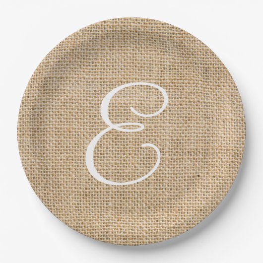 Rustic Burlap Wedding Simple Monogram Pappteller (Vorderseite)
