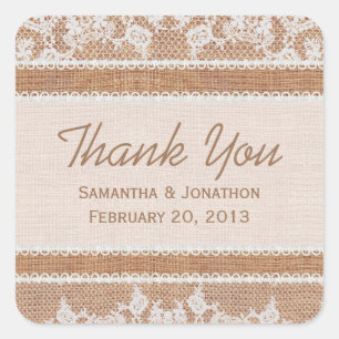 Rustic Burlap & White Lace Wedding Vielen Dank Quadratischer Aufkleber