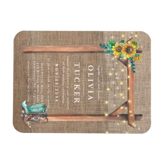 Rustic Burlap Wood Sunflower Wedite Magnet (Horizontal)