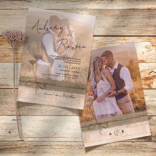 Rustic Burlap Wood Wildblume Boho Foto Wedding Einladung