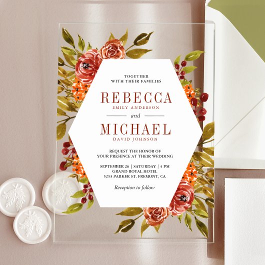 Rustic Burnt Orange Floral Autumn Fall Wedding Acryleinladungen