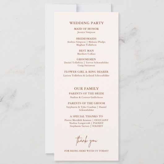 Rustic Burnt Orange Simple Boho Wedding Programm (Rückseite)