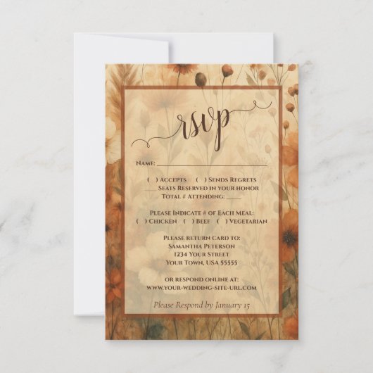 Rustic Burnt Sienna Boho Chic Wildflowers Wedding RSVP Karte (Vorderseite)