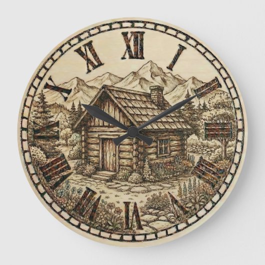 Rustic Cabin Wall Clock – Mountain Lodge style Große Wanduhr (Vorderseite)