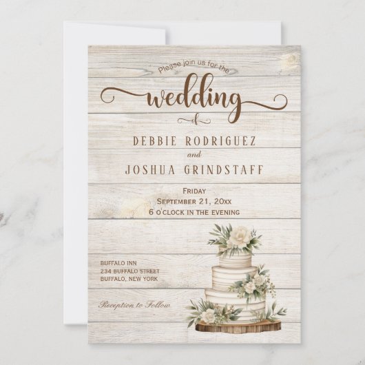 Rustic Cake on Wood Wedding Invitation Einladung (Vorderseite)