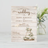 Rustic Cake on Wood Wedding Invitation Einladung (Stehend Vorderseite)