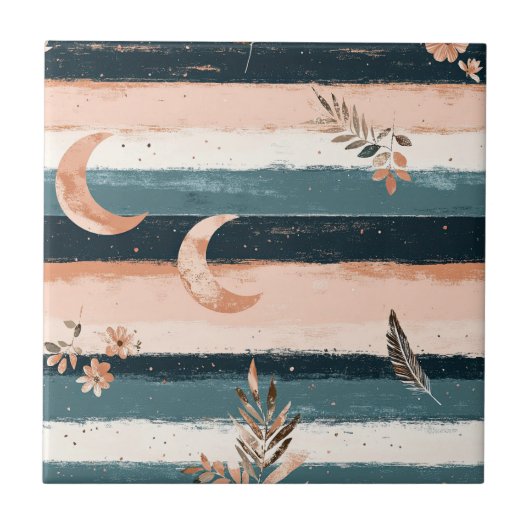 Rustic Celestial Stripe Moon Sun Earthy (2) Fliese (Vorderseite)