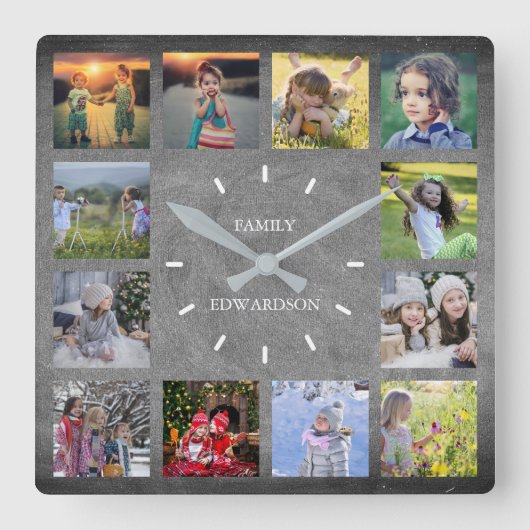 Rustic chalkboard Family Foto monogram Leimbild Quadratische Wanduhr (Vorderseite)