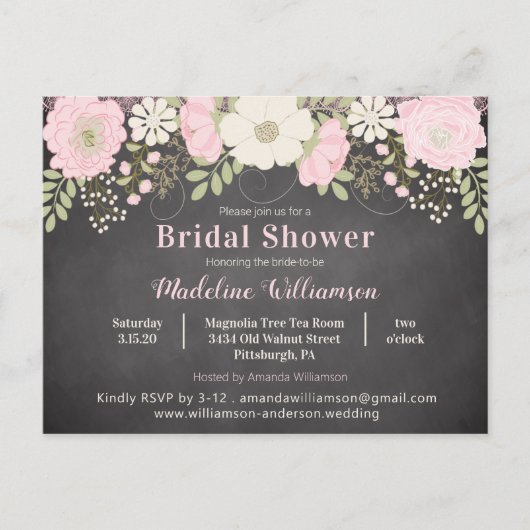 Rustic Chalkboard Flowers Bridal Shower Invitation Postkarte (Vorderseite)