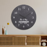 Rustic Chalkboard  Wedding Mr And Mrs Große Wanduhr<br><div class="desc">Wedding clock with a rustic chalkboard background. Personalize the farmhouse style clock with last name of the new couple for an unique weddiing anniversary gift.</div>