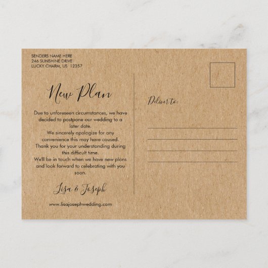 Rustic Change the Date Postponed Cancelled Event Postkarte (Rückseite)