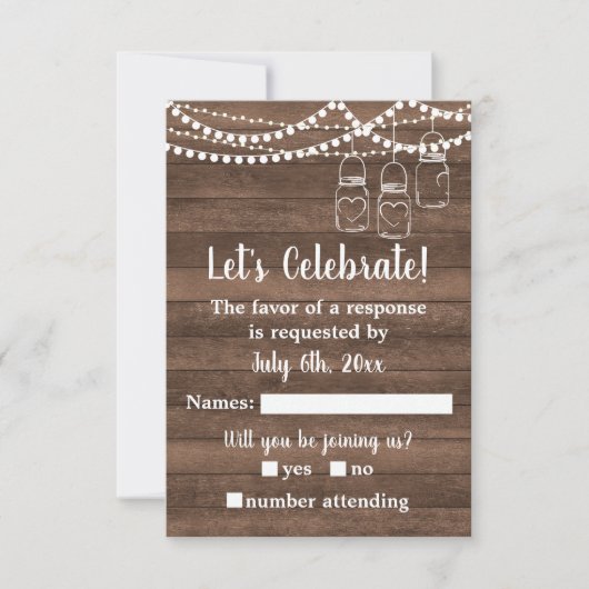 Rustic Charm Mason Jar String Lights Wedding RSVP Karte (Vorderseite)