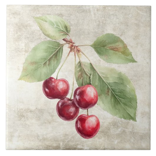 Rustic Cherries Watercolor Fruit Fliese (Vorderseite)