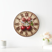 Rustic Cherry Gingham Bow Farmhouse Kitchen Große Wanduhr (Zuhause)