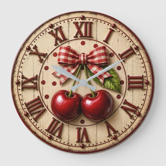 Rustic Cherry Gingham Bow Farmhouse Kitchen Große Wanduhr (Vorderseite)