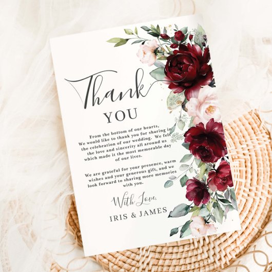 Rustic Chic Burgundy Blush Pink Floral Wedding Dankeskarte