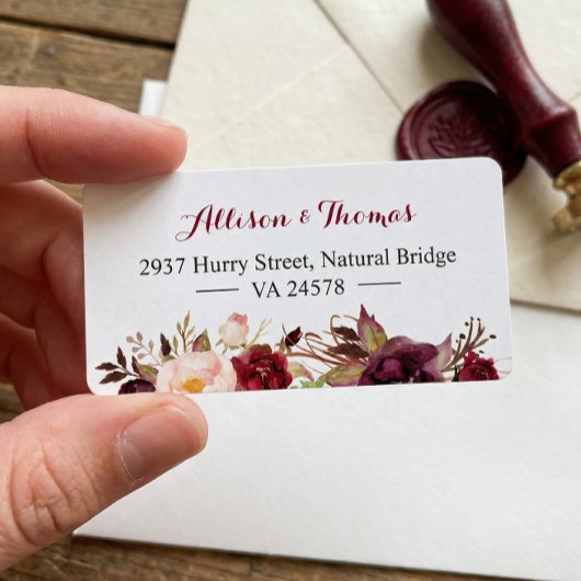 Rustic Chic Burgundy Marsala Red Floral Wedding Adressaufkleber