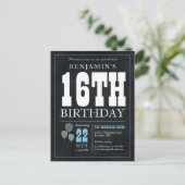 Rustic Chic Chalkboard Blue Balloon 16. Geburtstag Postkarte (Stehend Vorderseite)