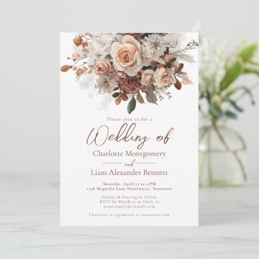 Rustic Chic Elegant Boho Blush Floral Wedding Einladung (Stehend Vorderseite)