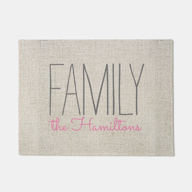 Rustic Chic Family Monogramm in BEIGE GRAU UND PIN Fußmatte (Vorderseite)