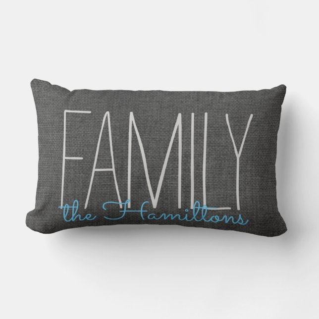 Rustic Chic Family Monogramm in DUNKGRAK UND BLAU Lendenkissen (Vorderseite)