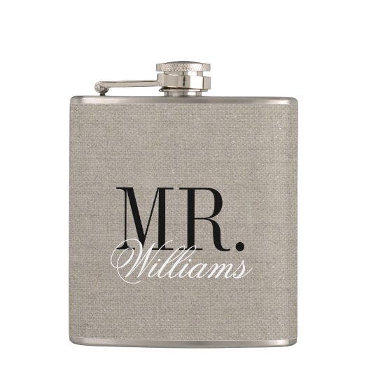 Rustic Chic Imitats Burlap Mr. und Mrs. Monogram Flachmann (Vorderseite)