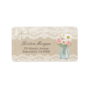 Rustic Chic Ivory Burlap Lace Floral Mason Jar Adressaufkleber